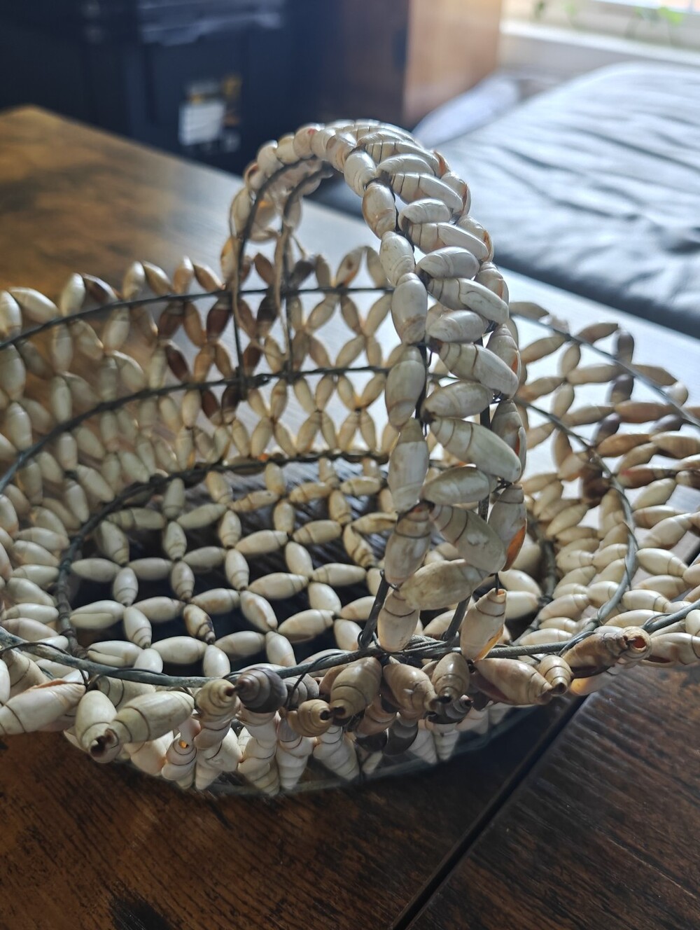 vintage handmade seashell basket medium Size wire cage good condition